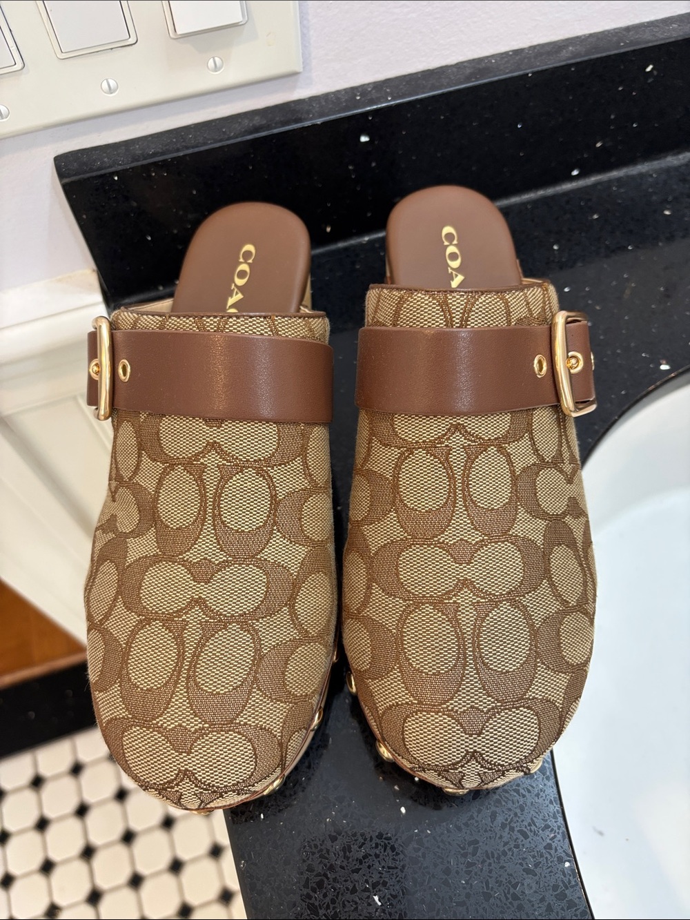 NWOT Coach Brown Signature Logo Slip-On Clogs